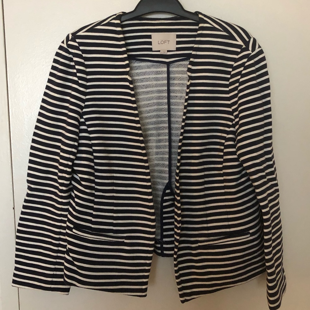 LOFT Navy and white stripe cotton open blazer-sz M